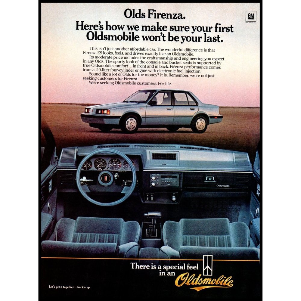 1985 Oldsmobile Firenza Sedan Vintage Print Ad Blue 80s Car Man Cave Wall Art